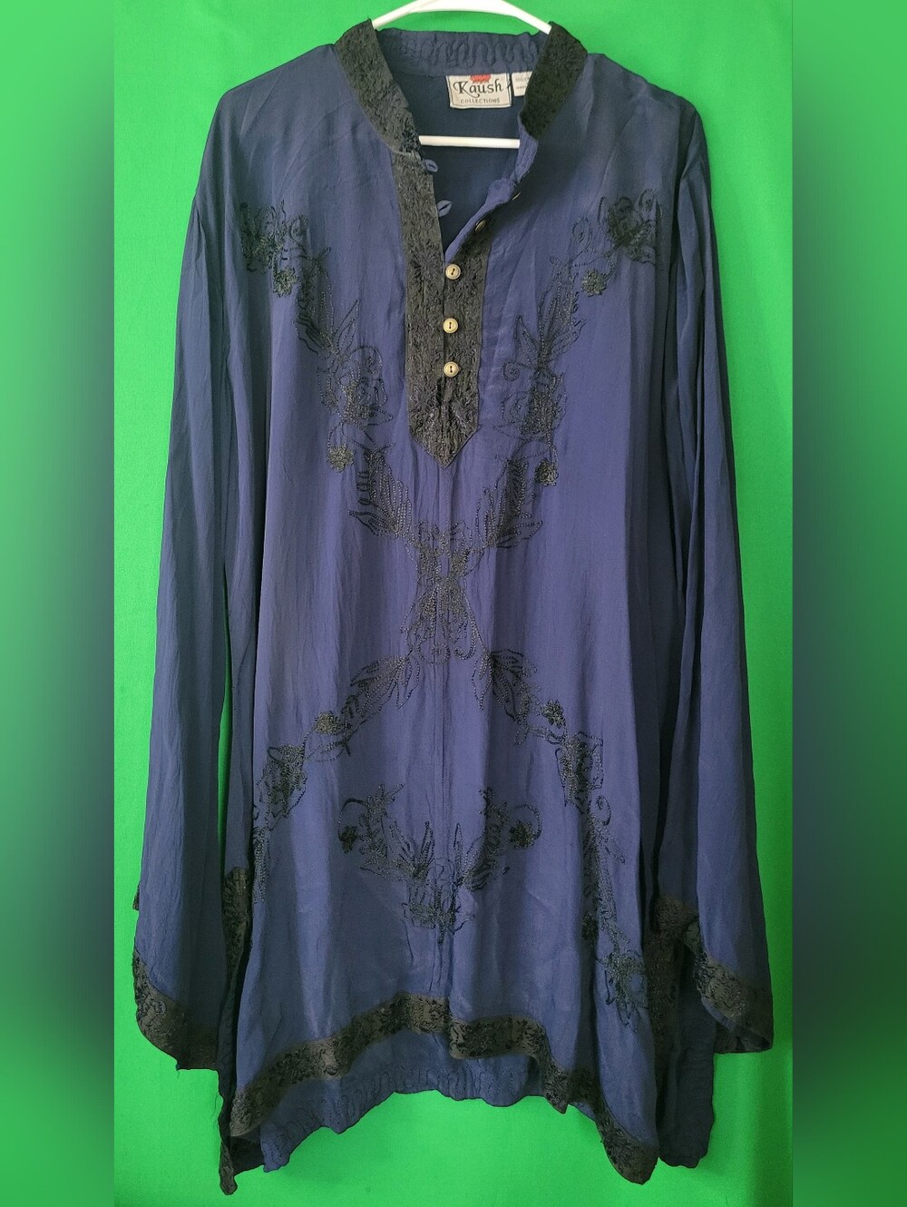 Kaush Collections Navy Embroidered Tunic Top XL Lace Blouse Women Vintage Rayon